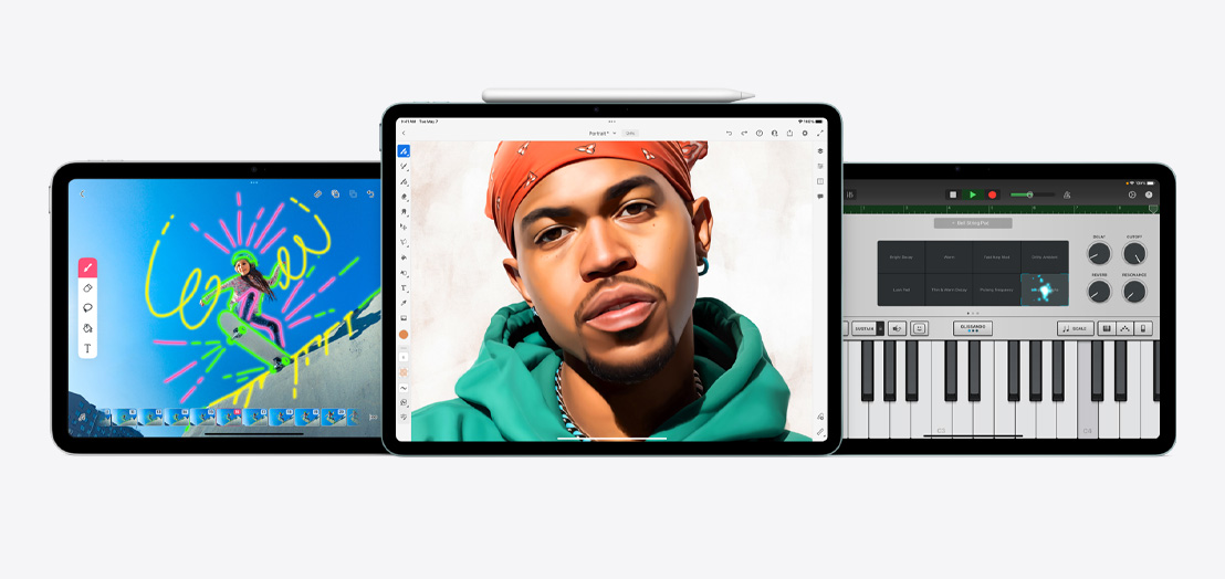 An iPad and two iPad Airs featuring FlipaClip, Adobe Fresco and GarageBand apps.