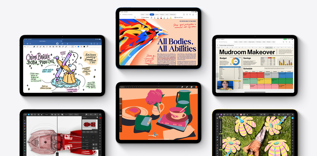 Šest iPadů s aplikacemi Goodnotes 6, Affinity Designer 2, Microsoft Word, Procreate, Microsoft Excel, WebEx a Affinity Photo 2.