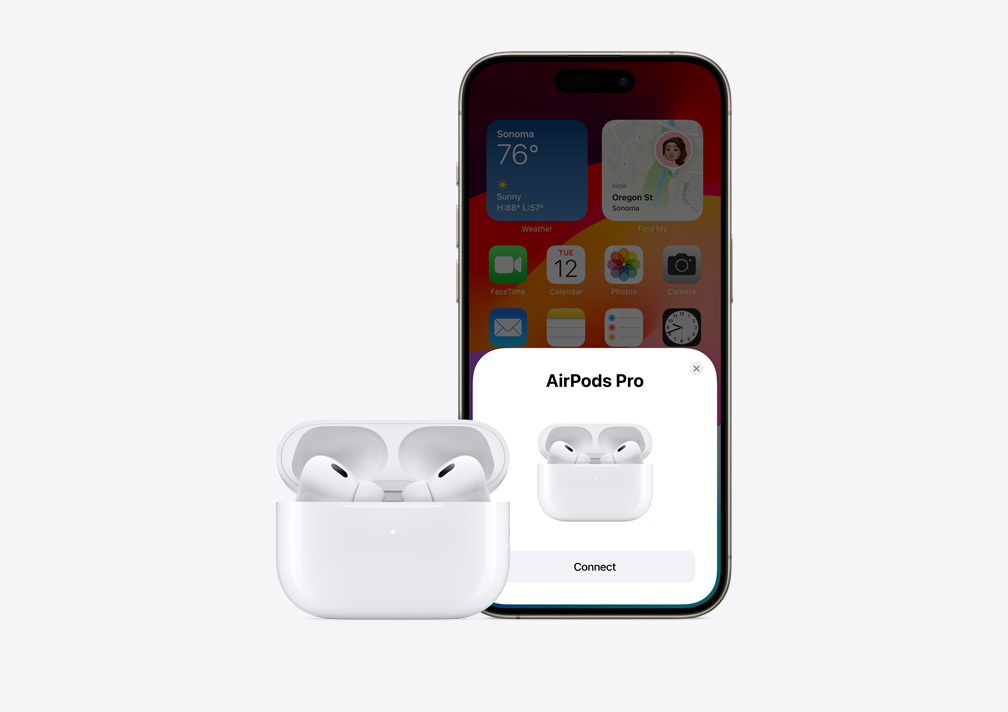 Визуализация на iPhone, демонстрираща лесната настройка с едно докосване на AirPods.