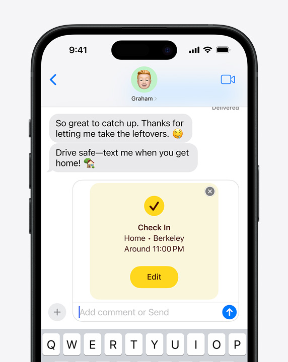 Krupan kadar razgovora u aplikaciji iMessage s obavijesti iz opcije Check In.