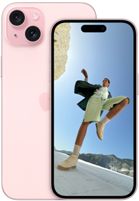 Πίσω όψη ενός iPhone 15 Plus 6,7 ιντσών και μπροστινή όψη ενός iPhone 15 6,1 ιντσών σε Ροζ.