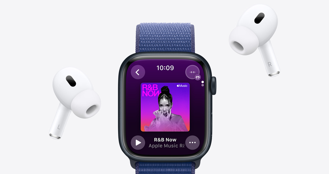 AirPods Pro around an Apple Watch Series 9 with an Apple Music Playlist playing.