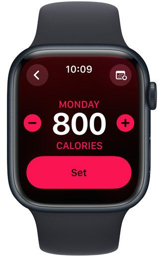 An Apple Watch screen displays a Move goal of 800 calories.