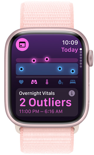 Apple Watch screen displaying Overnight Vitals with 2 outliers