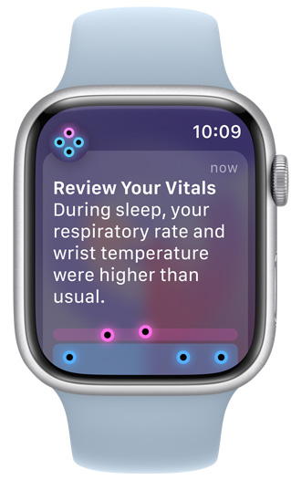 Apple Watch-skærm, der viser advarslen "Review Your Vitals"