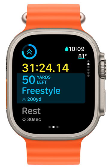 An Apple Watch Ultra screen displays the time of the current interval and what remains in the customised workout