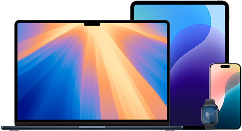 En MacBook, en iPad, en iPhone og et Apple Watch vises sammen