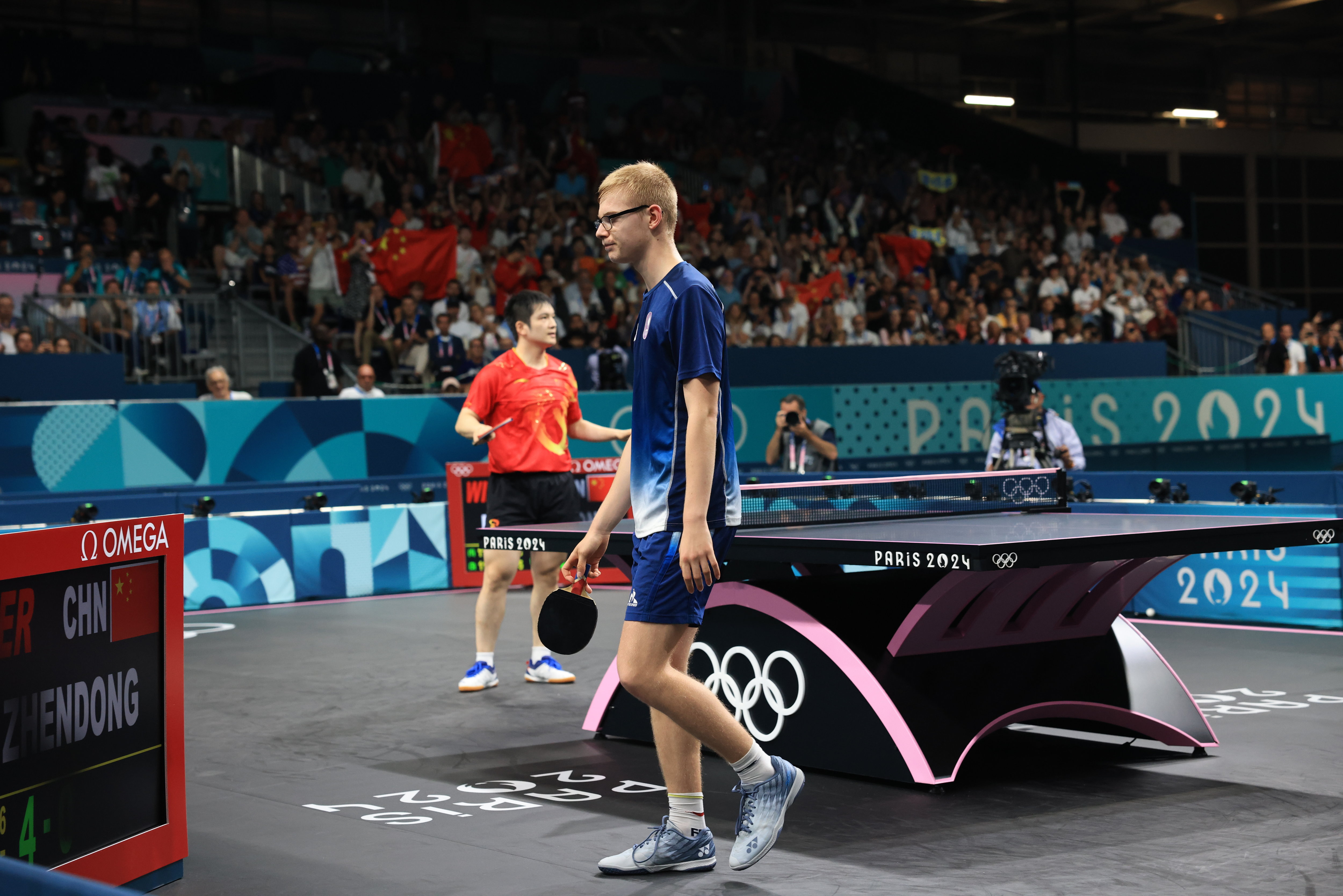 Arena Paris Sud, le 2 août. Dominé de A à Z par son adversaire chinois, Félix Lebrun se battra pour la médaille de bronze. LP/Olivier Arandel