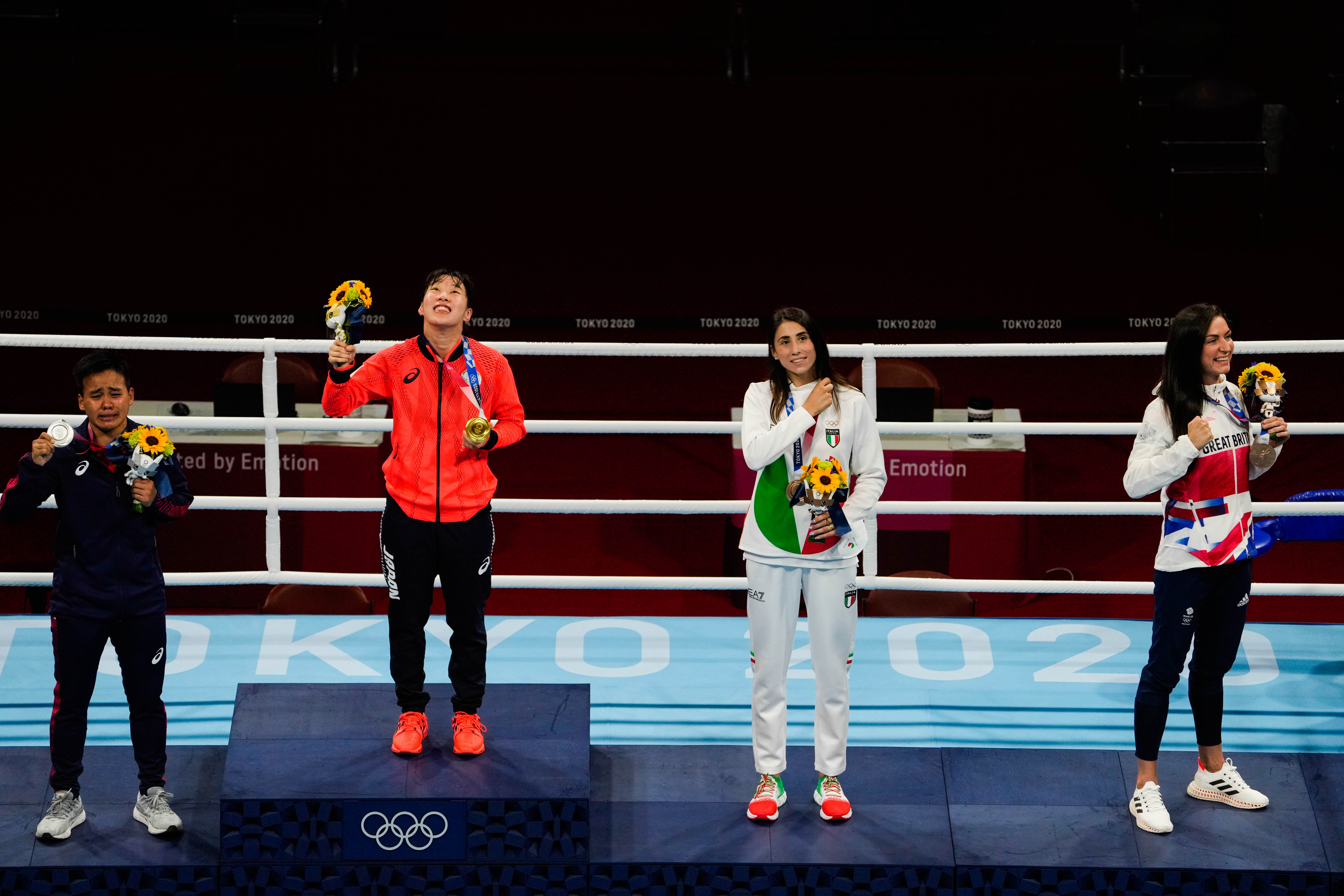 Le podium des poids plumes féminines lors des JO de Tokyo, en 2021.