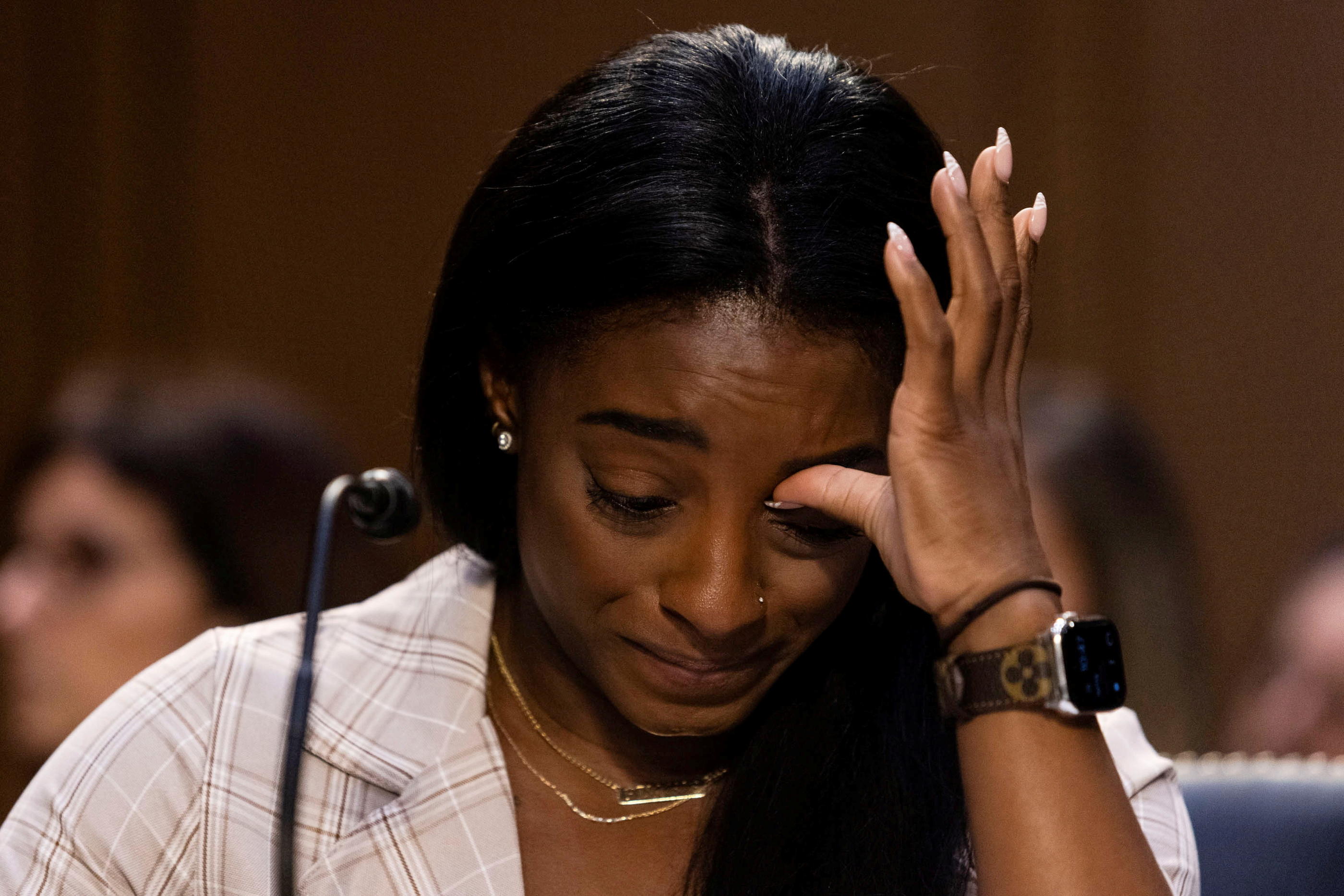 U.S. Olympic gymnast Simone Biles testifies during a Senate Judiciary hearing about the Inspector General's report on the FBI handling of the Larry Nassar investigation of sexual abuse of Olympic gymnasts, on Capitol Hill, in Washington, D.C., U.S., September 15, 2021. Graeme Jennings/Pool via REUTERS     TPX IMAGES OF THE DAY