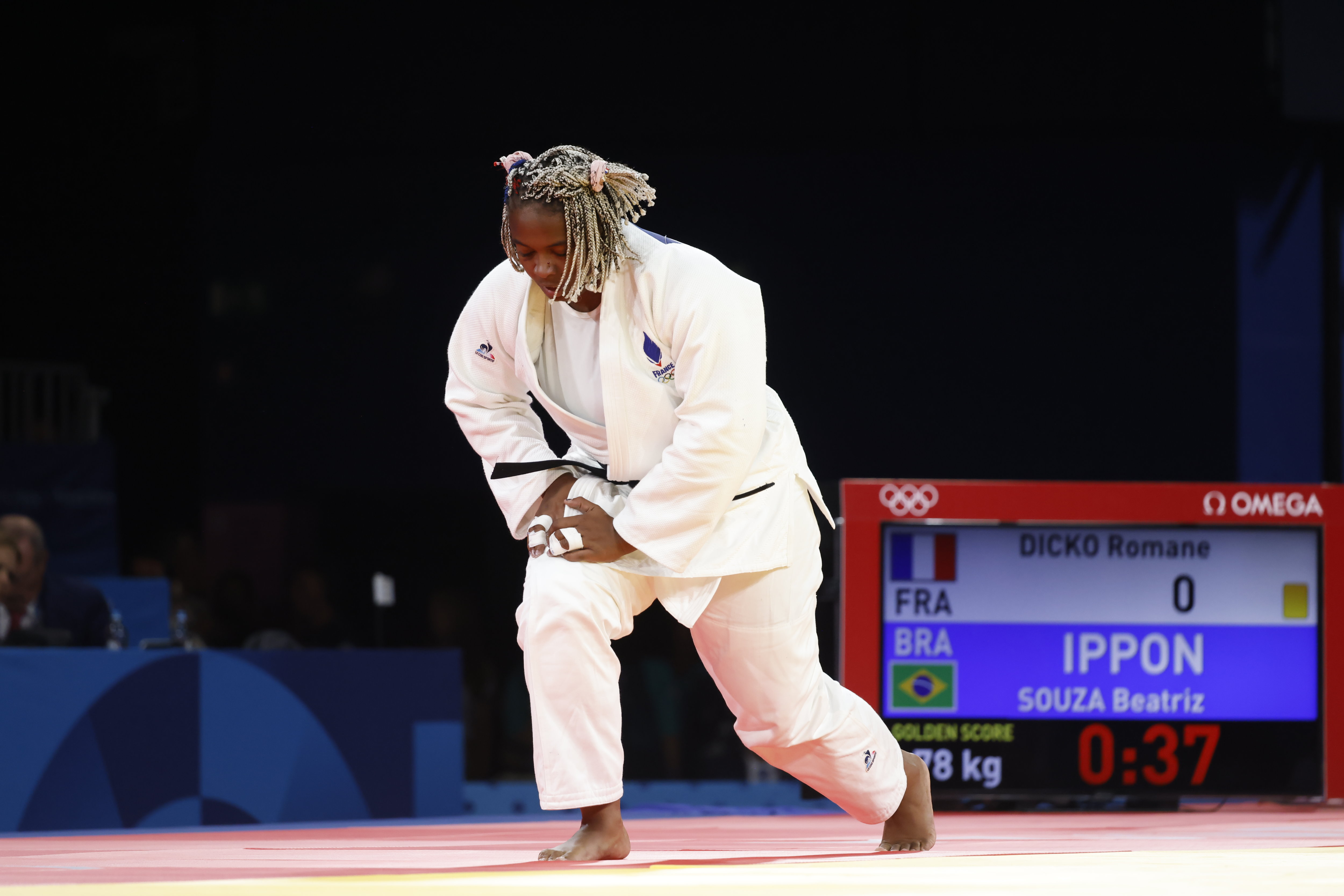 Romane Dicko s'est inclinée face à la Brésilienne Beatriz Souza et devra se contenter au mieux du bronze en cas de victoire au prochain combat. LP  / Olivier Corsan