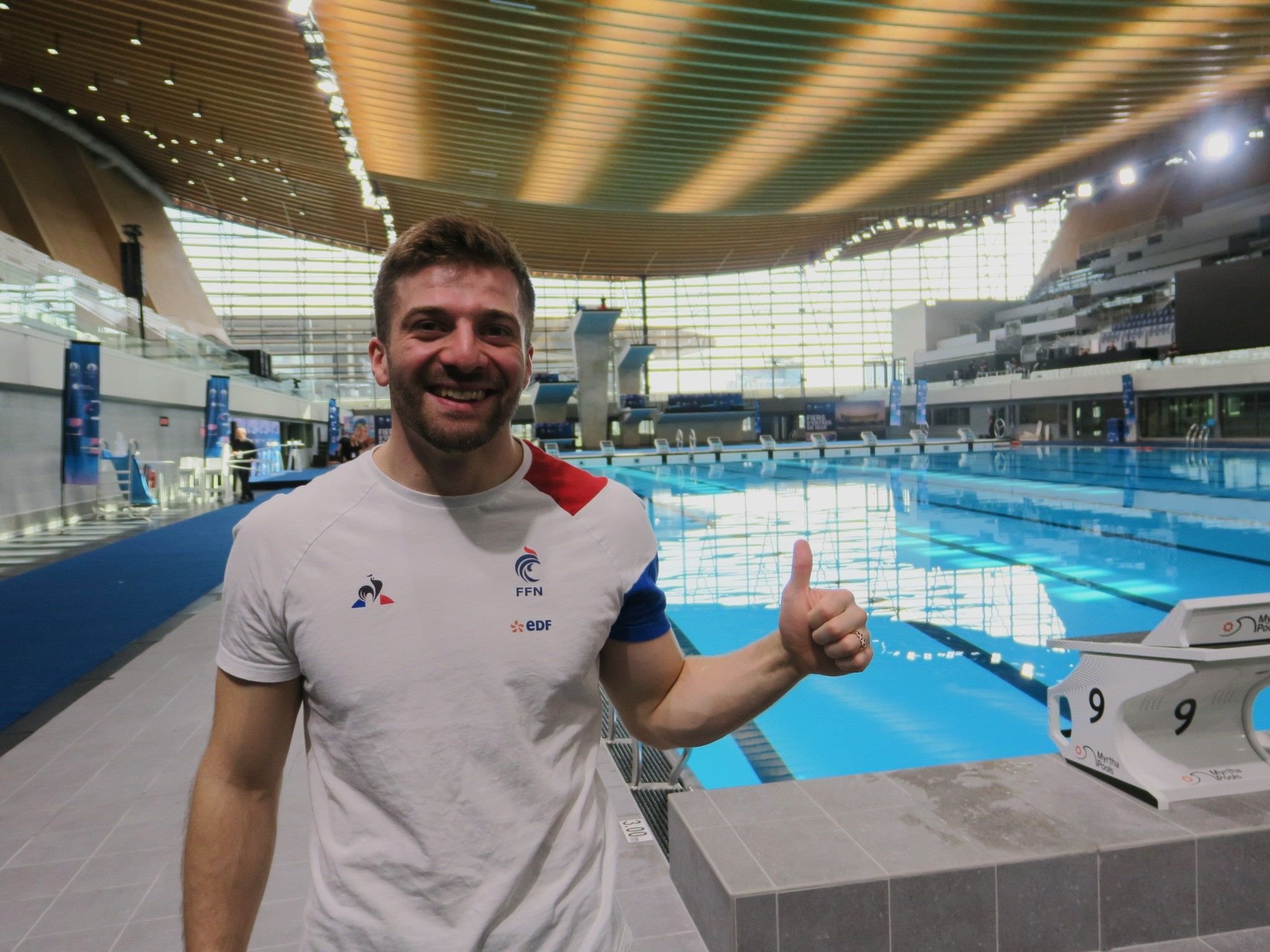 Alexis Jandard, plongeur qualifié cet été pour les JO, quelques minutes après sa chute devenue virale lors de l'inauguration du Centre aquatique olympique ce jeudi. LP/Anthony Lieures