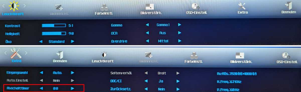 Über das Onscreen-Menü Ihres Bildschirms können Sie dessen Helligkeit verringern und auch eine Abschaltautomatik einrichten. Beides kann den Stromverbrauch eines Monitors drastisch verringern.