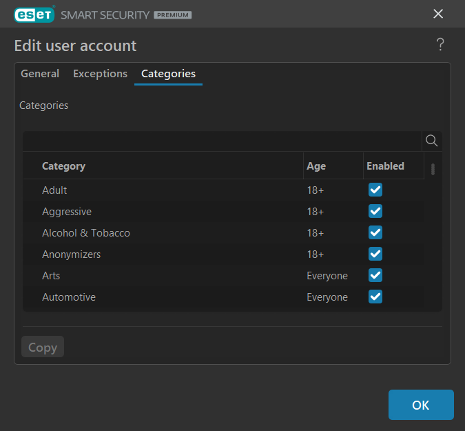 ESET Home Security Premium website categories in parental controls for filtering access (March 2024)