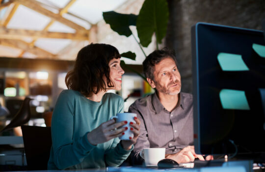 a couple looking at a computer monitor