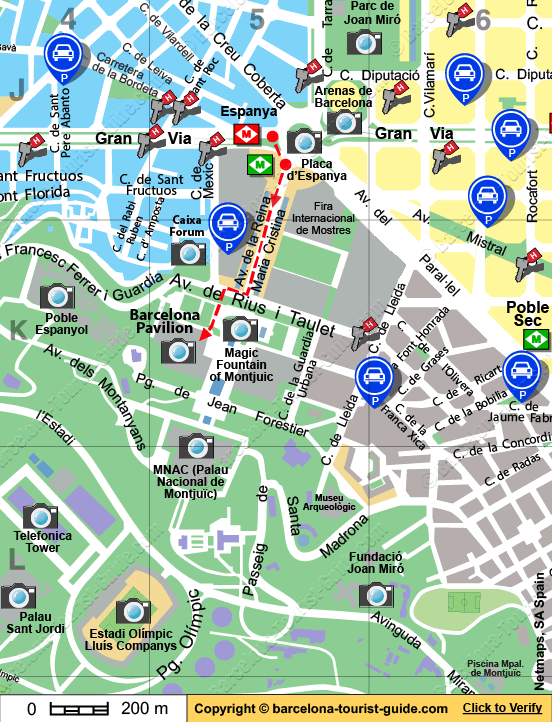 Karta som visar gångvägarna till Barcelonapaviljongen från de närmaste tunnelbanestationerna.