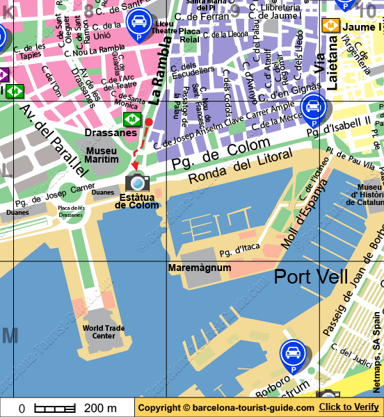 Carte de localisation montrant les itinéraires à pied vers Mirador de Colom depuis la station de métro la plus proche.