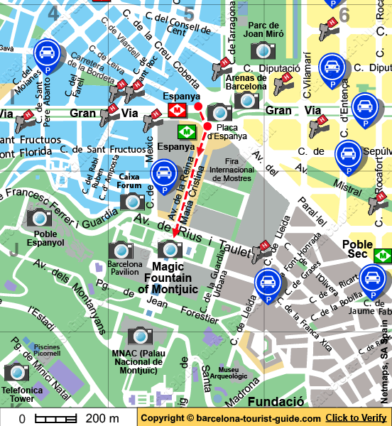 Location map for Magic Fountain of Montjuïc in Barcelona, Spain