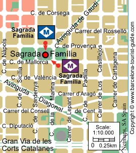 Placering af Sagrada Família i forhold til nærmeste metrostation. Klik for en forstørret visning af dette kort