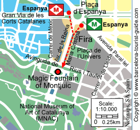 Placering af Magic Fountain i forhold til nærmeste metrostation. Klik for en forstørret visning af dette kort