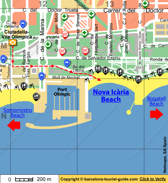 Carte de localisation de la plage de Nova Icària à Barcelone, Catalogne, Espagne