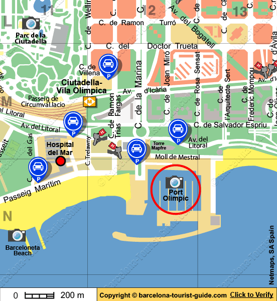 Map showing the car parks nearest to Port Olimpic in Barcelona, Spain. Click on the blue car park lables to be taken to a detailed information page on that car park.