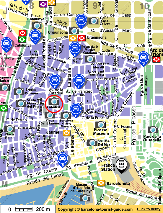 Mapa mostrando os estacionamentos mais próximos da Catedral de Barcelona em Barcelona, Espanha. Clique nos rótulos azuis dos estacionamentos para acessar uma página com informações detalhadas sobre o estacionamento em questão.