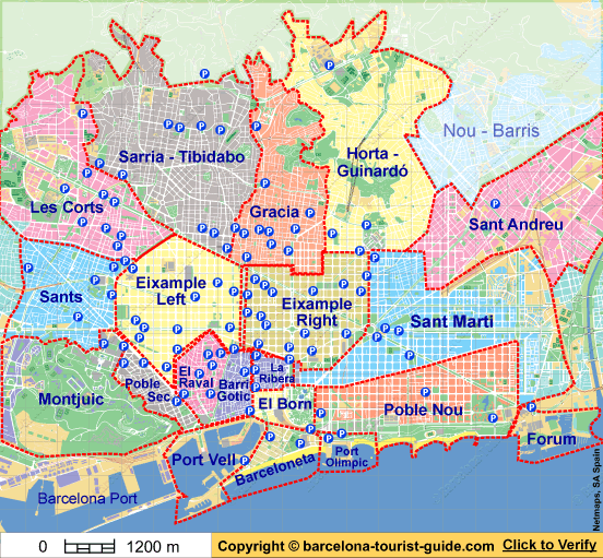 Barcelonan pysäköintikartta. Yleiskartta, jossa näkyvät pysäköintialueet kullakin Barcelonan vyöhykkeellä. Klikkaa kutakin aluetta, niin pääset yksityiskohtaiselle tietosivulle kyseisen alueen pysäköinnistä.