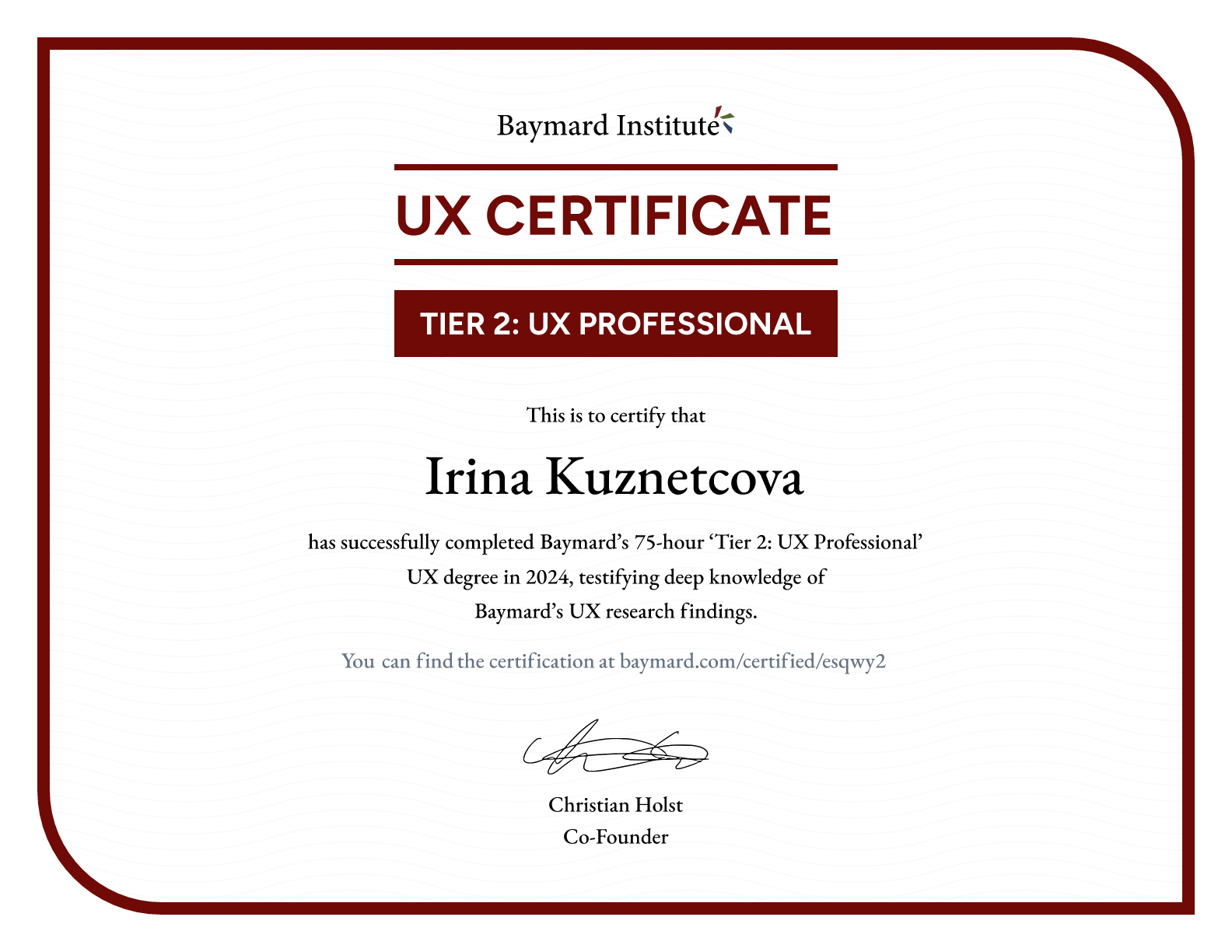 Irina Kuznetcova’s certificate