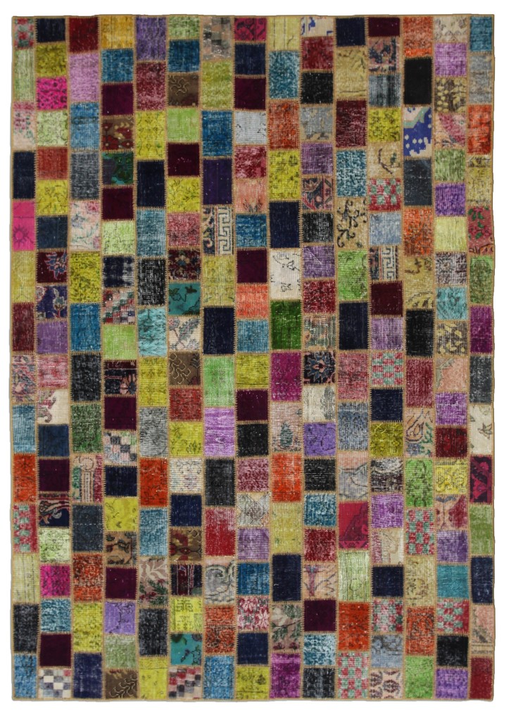 Multicolor Mosaic Rug Squares Vintage Turkish 10'x7'