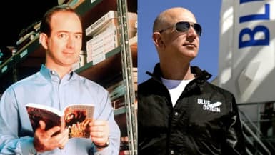 Jeff Bezos (à gauche en 1997, à droite en 2015 devant une fusée Blue Origin). 