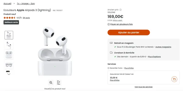 Les Airpods 3 vendus par Boulanger, le 17 septembre 2024