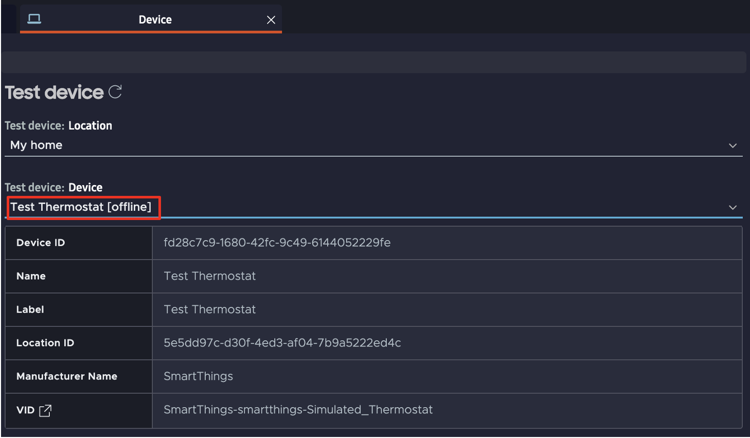 Device details window with name of selected offline device highlighted