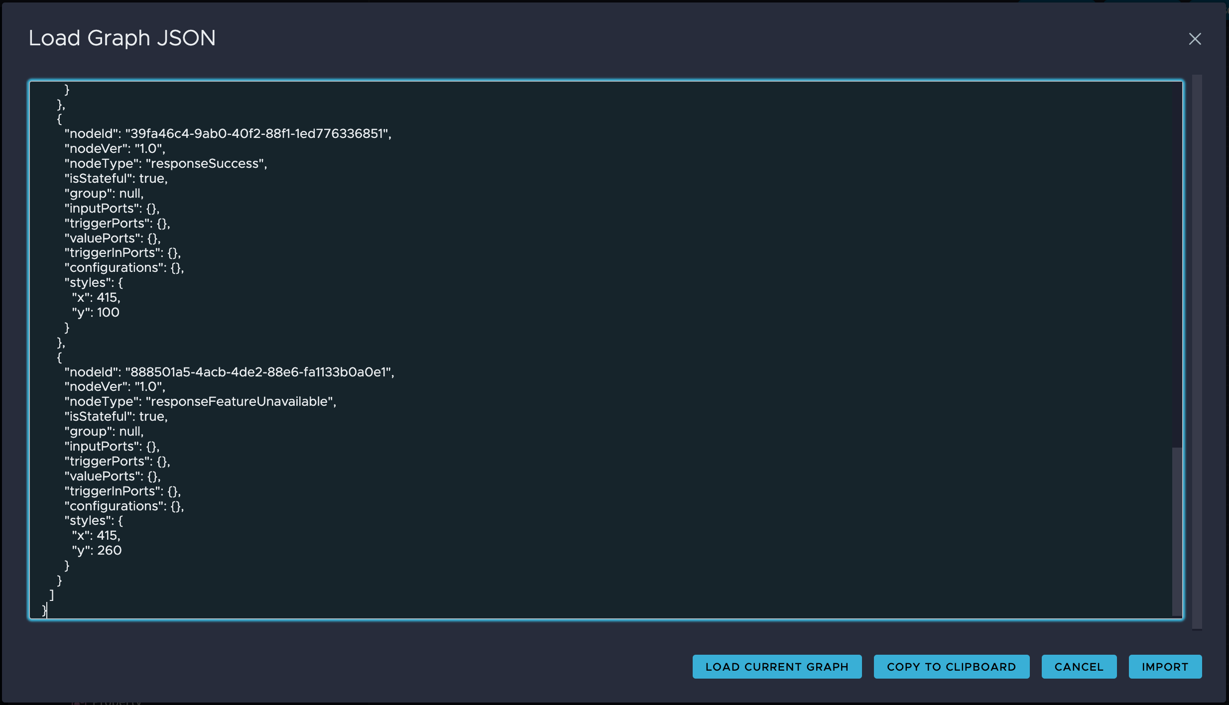 Example of Load Graph JSON window with "Play the Next Song on the Device" sample graph