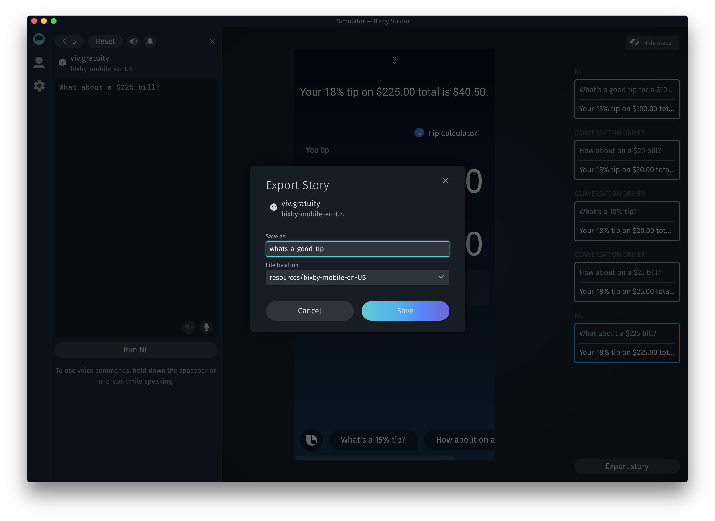 Export story prompt, with Save As set to "whats-a-good-tip" and File Location set to `resources/bixby-mobile-en-us`
