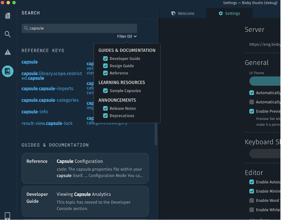 Doc filters available include GUIDES & DOCUMENTATION (Developer Guide, Design Guide, or Reference), LEARNING RESOURCES (Sample Capsules), and ANNOUNCEMENTS (Release Notes or Deprecations).