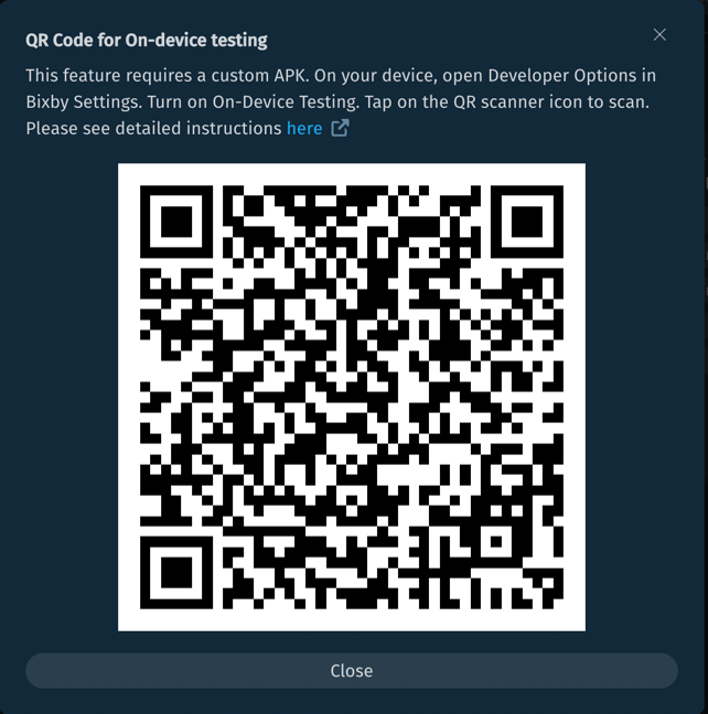 QR Code displayed by Bixby Studio