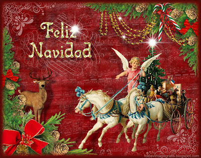 navidad vintage carro con ángel y ciervo