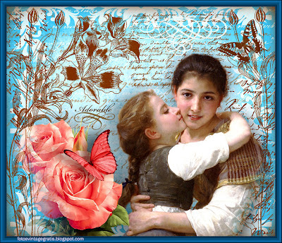 fondo vintage niñas Bouguereau en azul con flores y mariposa