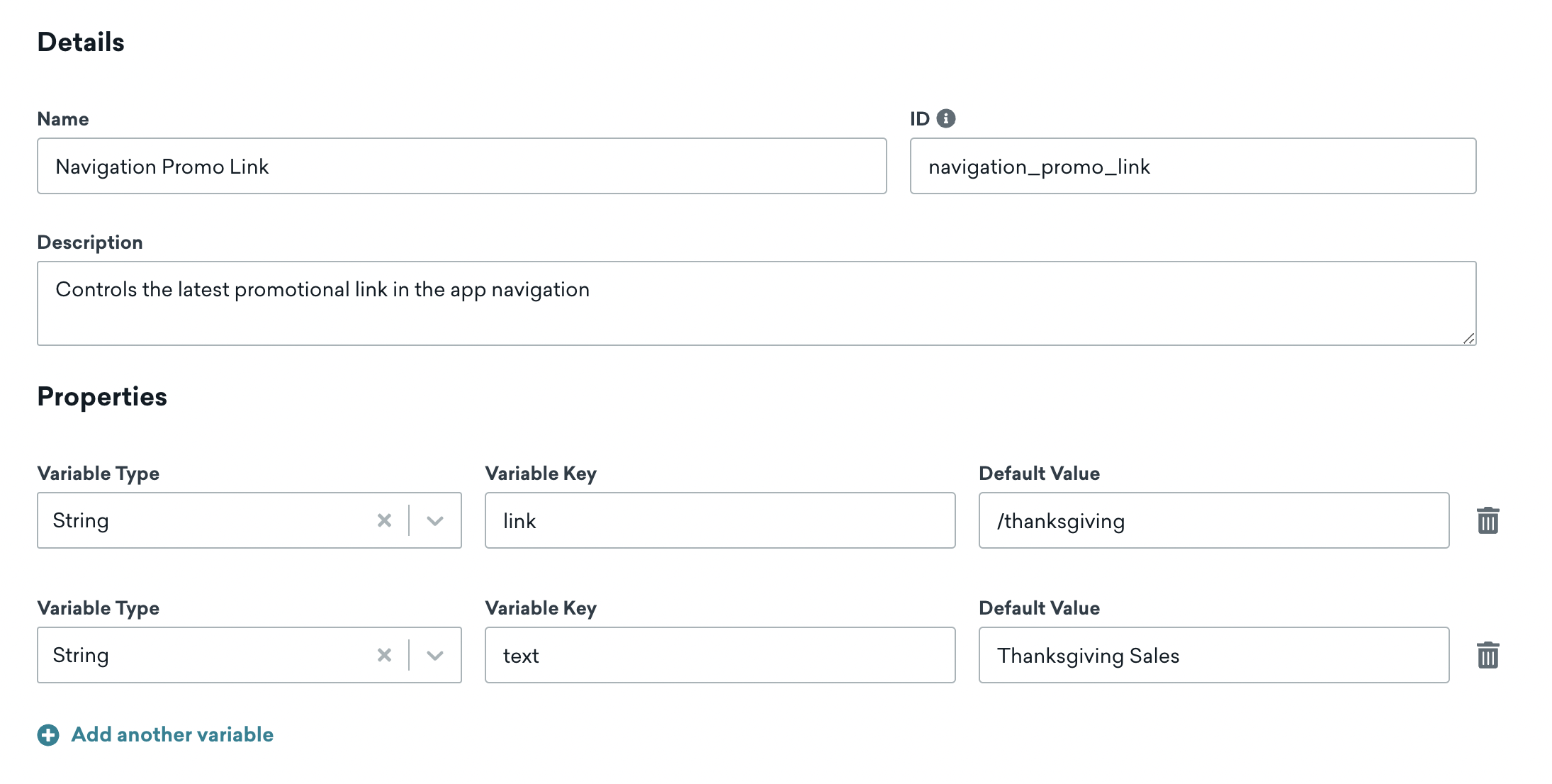 Feature flag with link and text properties directing to a Thanksgiving sales page.