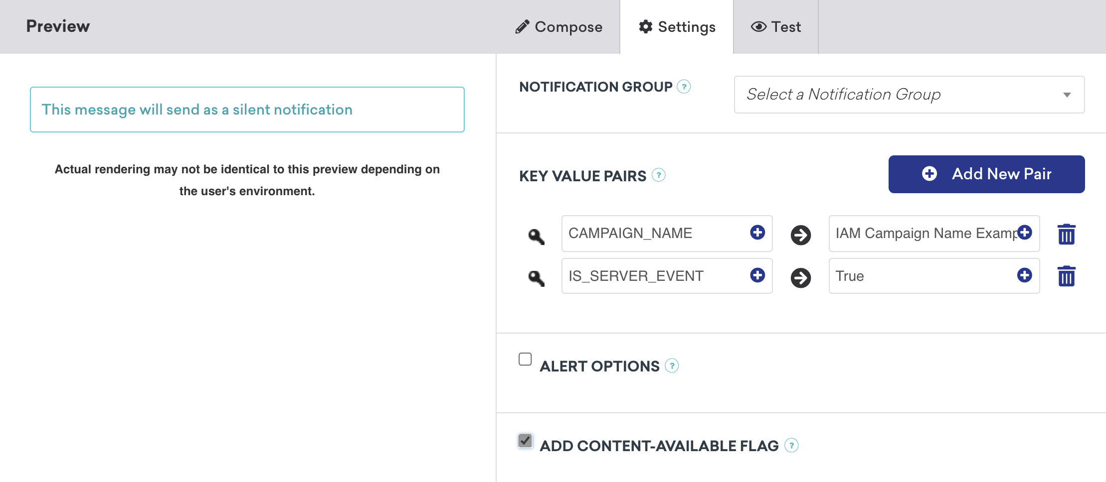 n action-based delivery in-app message campaign that has two key-value pairs. "CAMPAIGN_NAME" set as "In-app message name example", and "IS_SERVER_EVENT" set to "true".