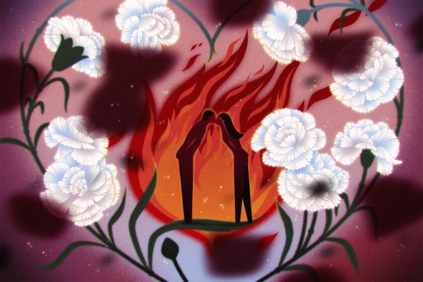 A man and woman kiss within a flame, while a ring of carnations form a heart around them.