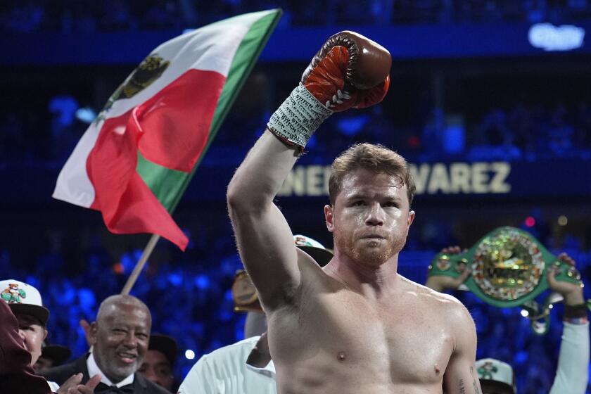 Canelo Alvarez reacts before fighting Edgar Berlanga in a super middleweight title bout Saturday, Sept. 14, 2024, in Las Vegas. (AP Photo/John Locher)