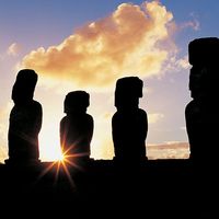 Panoramic view at sunrise of moai, Ahu Tongariki, Easter Island (Rapa Nui), Chile