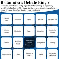 Presidential Debate Bingo. As candidates for the Republican Party's nomination for the 2024 presidential election take to the stage to debate the issues and each other, keep track of the facts you need to know with updated Britannica entries. As with every Bingo game, if you connect five tiles in a row, celebrate!