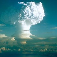 Thermonuclear hydrogen bomb, code-named MIKE, detonated in the Marshall Islands in the fall of 1952. Photo taken at a height of 12,000 feet, 50 miles from the detonation site. (Photo 3 of a series of 8) Atomic bomb explosion nuclear energy hydrogen energy