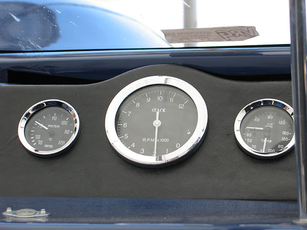 Smiths water temperature gauge, Stack tachometer, and Smiths dual oil pressure/temperature gauge.