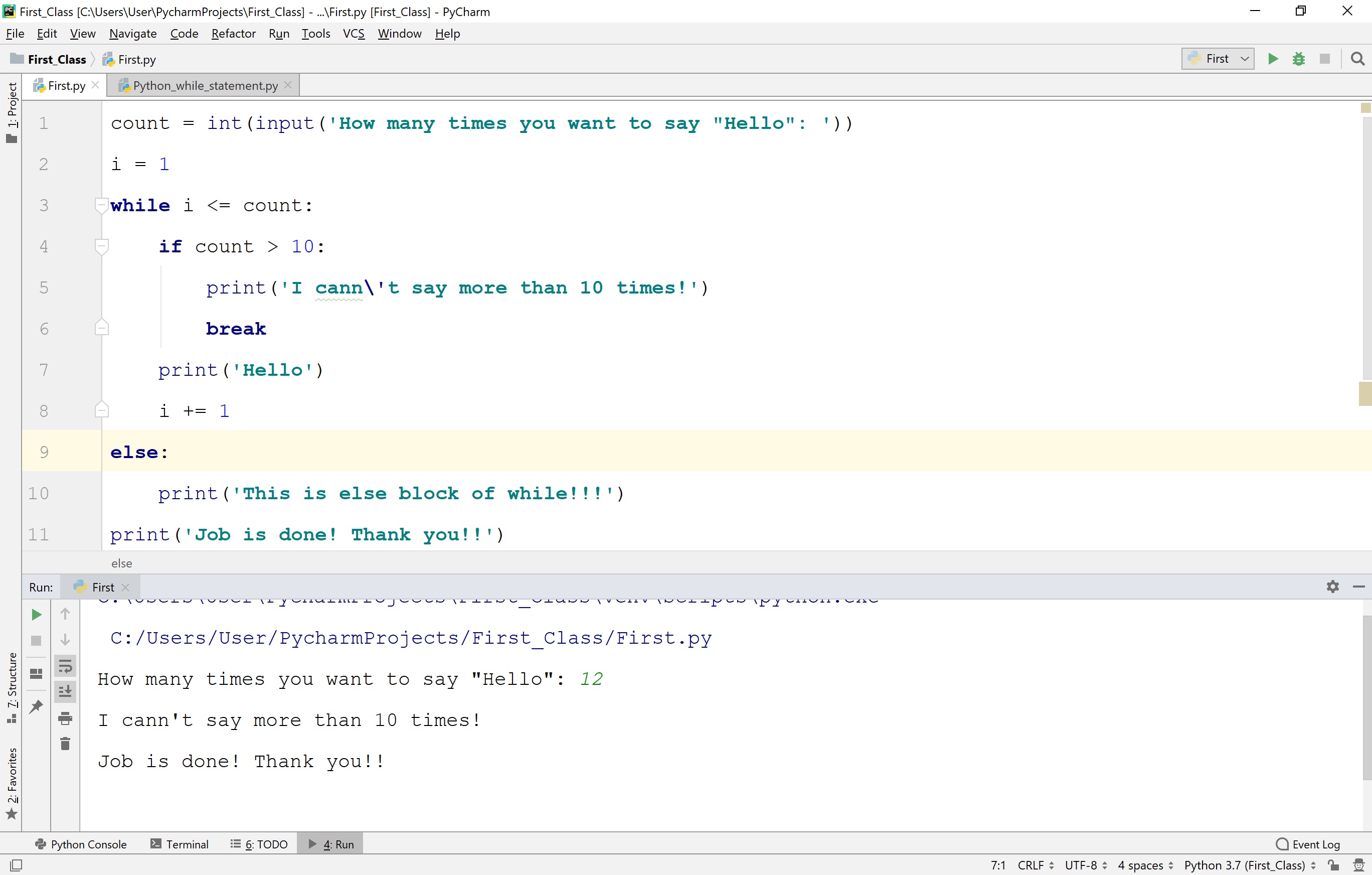 Python while-else statement