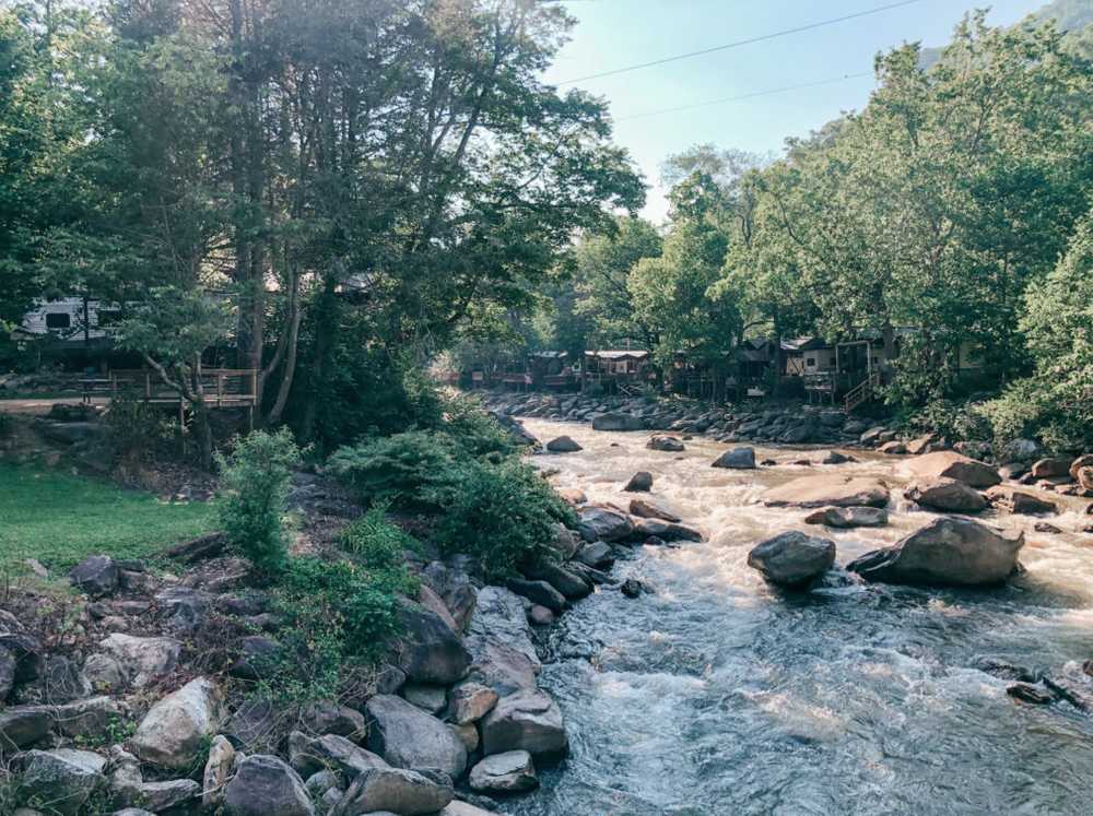 RV campground nestled along the water in Chimney Rock, NC