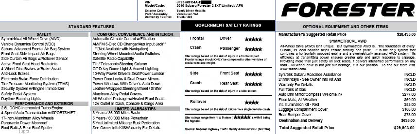 XT turbo 2010 Forester price sticker